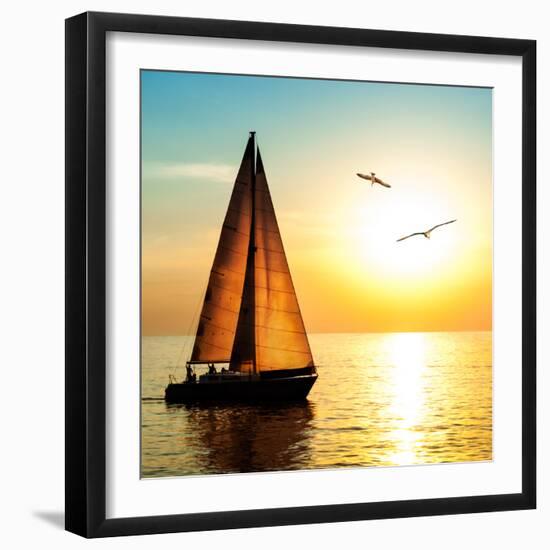 Yacht Sailing against Sunset. Holiday Lifestyle Landscape with Skyline Sailboat and Two Seagull. Ya-Repina Valeriya-Framed Photographic Print