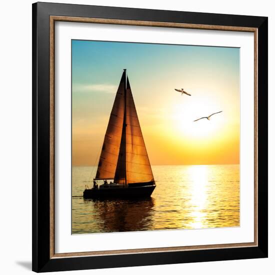 Yacht Sailing against Sunset. Holiday Lifestyle Landscape with Skyline Sailboat and Two Seagull. Ya-Repina Valeriya-Framed Photographic Print