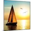 Yacht Sailing against Sunset. Holiday Lifestyle Landscape with Skyline Sailboat and Two Seagull. Ya-Repina Valeriya-Mounted Photographic Print