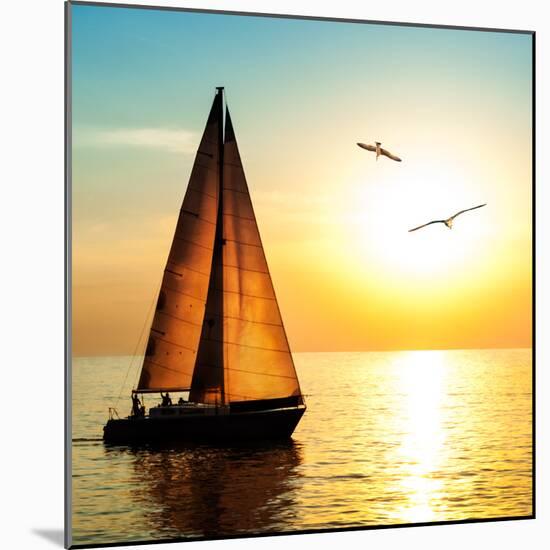 Yacht Sailing against Sunset. Holiday Lifestyle Landscape with Skyline Sailboat and Two Seagull. Ya-Repina Valeriya-Mounted Photographic Print