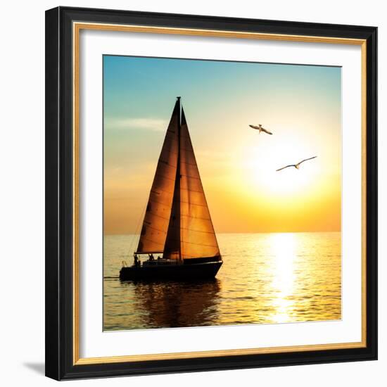 Yacht Sailing against Sunset. Holiday Lifestyle Landscape with Skyline Sailboat and Two Seagull. Ya-Repina Valeriya-Framed Photographic Print