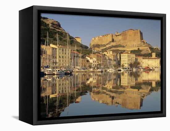 Yachts Moored in the Harbour, with the Citadel Behind, Bonifacio, Corsica, (France)-Michael Busselle-Framed Premier Image Canvas