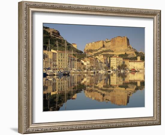 Yachts Moored in the Harbour, with the Citadel Behind, Bonifacio, Corsica, (France)-Michael Busselle-Framed Photographic Print