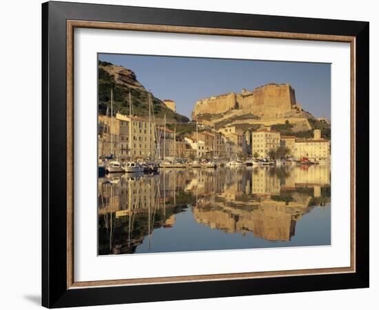 Yachts Moored in the Harbour, with the Citadel Behind, Bonifacio, Corsica, (France)-Michael Busselle-Framed Photographic Print