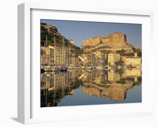 Yachts Moored in the Harbour, with the Citadel Behind, Bonifacio, Corsica, (France)-Michael Busselle-Framed Photographic Print