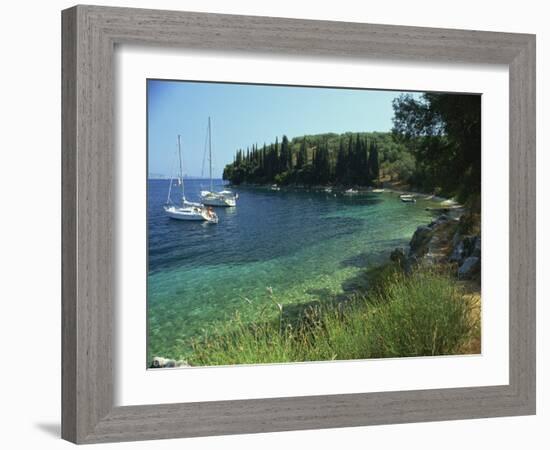 Yachts Moored Offshore in Kalami Bay on the Coast, Corfu, Ionian Islands, Greek Islands, Greece-Kathy Collins-Framed Photographic Print