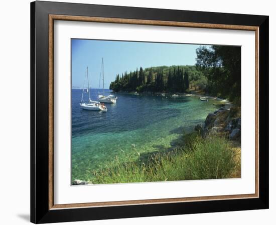 Yachts Moored Offshore in Kalami Bay on the Coast, Corfu, Ionian Islands, Greek Islands, Greece-Kathy Collins-Framed Photographic Print