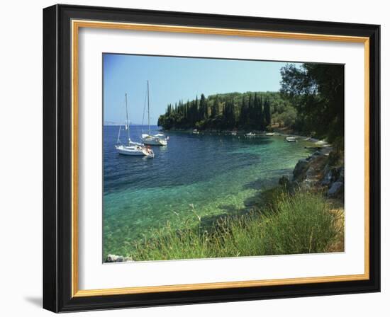 Yachts Moored Offshore in Kalami Bay on the Coast, Corfu, Ionian Islands, Greek Islands, Greece-Kathy Collins-Framed Photographic Print