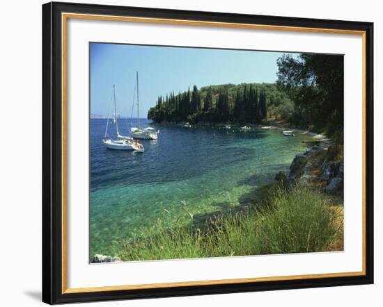 Yachts Moored Offshore in Kalami Bay on the Coast, Corfu, Ionian Islands, Greek Islands, Greece-Kathy Collins-Framed Photographic Print