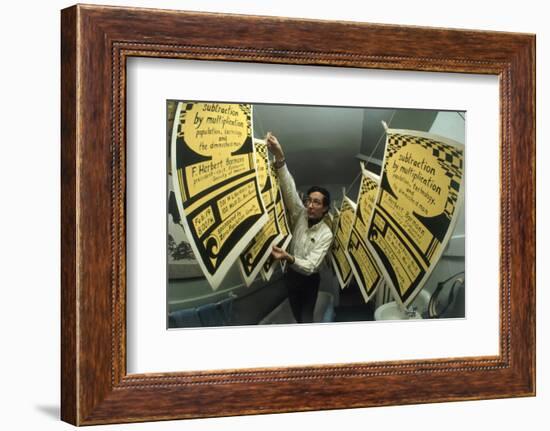 Yale's Zero Population Growth President William Ryserson Hanging Posters to Dry in Bathroom, 1970-Art Rickerby-Framed Photographic Print