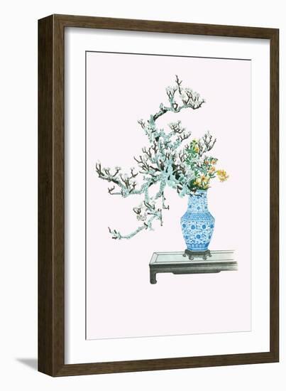 Yamanashi & Takejimayuri (Wild Pear And Lily) In a Blue And White Porcelain Vase-Josiah Conder-Framed Art Print