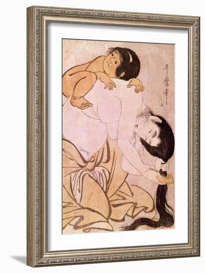Yamauba and Kintoki the Mother Combs Her Hair While Carrying Her Child on Her Back. Japanese Print-Kitagawa Utamaro-Framed Giclee Print