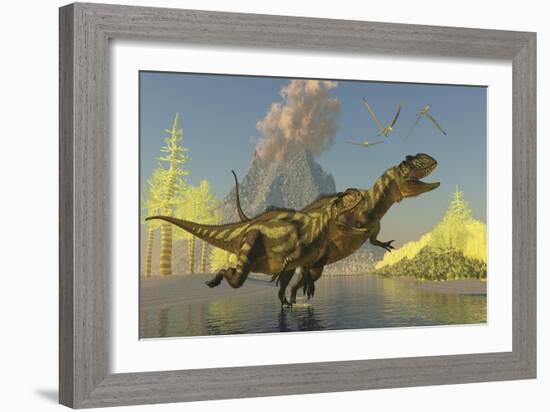 Yangchuanosaurus Dinosaurs Running across a Stream as a Volcano Erupts-null-Framed Art Print