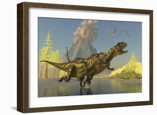 Yangchuanosaurus Dinosaurs Running across a Stream as a Volcano Erupts-null-Framed Art Print