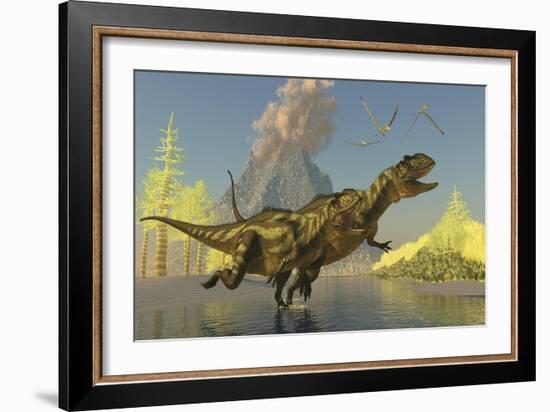 Yangchuanosaurus Dinosaurs Running across a Stream as a Volcano Erupts-null-Framed Art Print