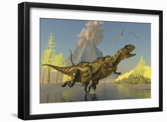 Yangchuanosaurus Dinosaurs Running across a Stream as a Volcano Erupts-null-Framed Art Print