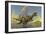 Yangchuanosaurus Dinosaurs Running across a Stream as a Volcano Erupts-null-Framed Art Print