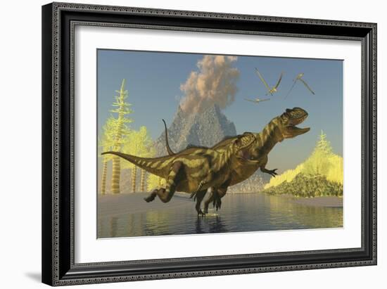 Yangchuanosaurus Dinosaurs Running across a Stream as a Volcano Erupts-null-Framed Art Print