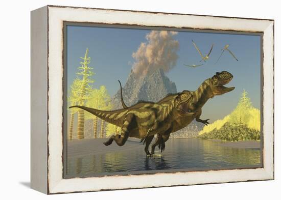 Yangchuanosaurus Dinosaurs Running across a Stream as a Volcano Erupts-null-Framed Stretched Canvas