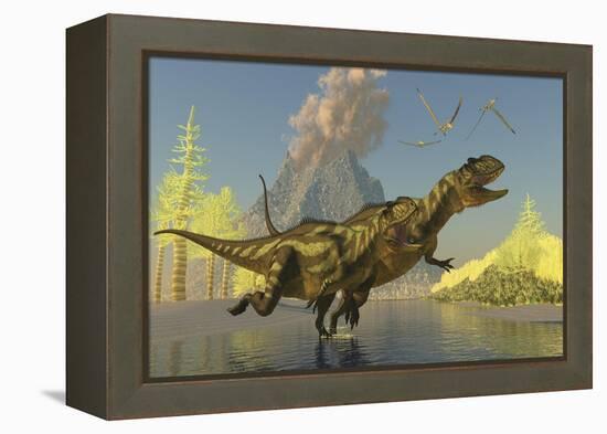 Yangchuanosaurus Dinosaurs Running across a Stream as a Volcano Erupts-null-Framed Stretched Canvas