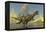 Yangchuanosaurus Dinosaurs Running across a Stream as a Volcano Erupts-null-Framed Stretched Canvas