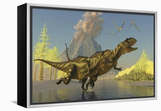 Yangchuanosaurus Dinosaurs Running across a Stream as a Volcano Erupts-null-Framed Stretched Canvas