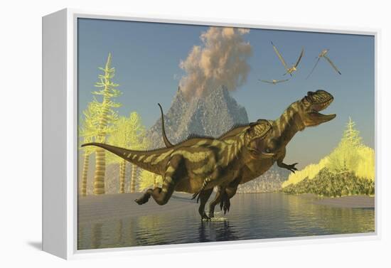 Yangchuanosaurus Dinosaurs Running across a Stream as a Volcano Erupts-null-Framed Stretched Canvas