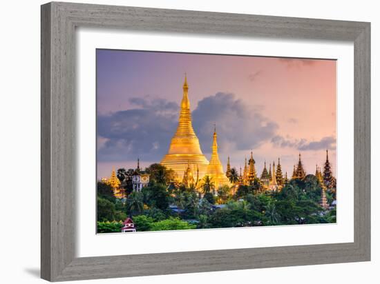 Yangon, Myanmar View of Shwedagon Pagoda at Dusk-Sean Pavone-Framed Photographic Print