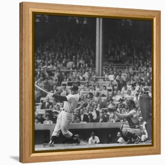 Yankee Mickey Mantle in Action, Swinging Bat with Catcher and Umpire Behind Him-Grey Villet-Framed Premier Image Canvas