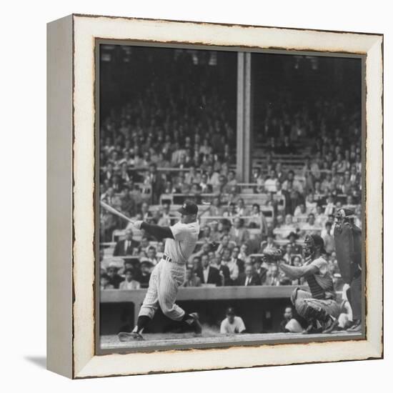 Yankee Mickey Mantle in Action, Swinging Bat with Catcher and Umpire Behind Him-Grey Villet-Framed Premier Image Canvas