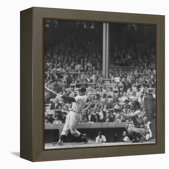 Yankee Mickey Mantle in Action, Swinging Bat with Catcher and Umpire Behind Him-Grey Villet-Framed Premier Image Canvas