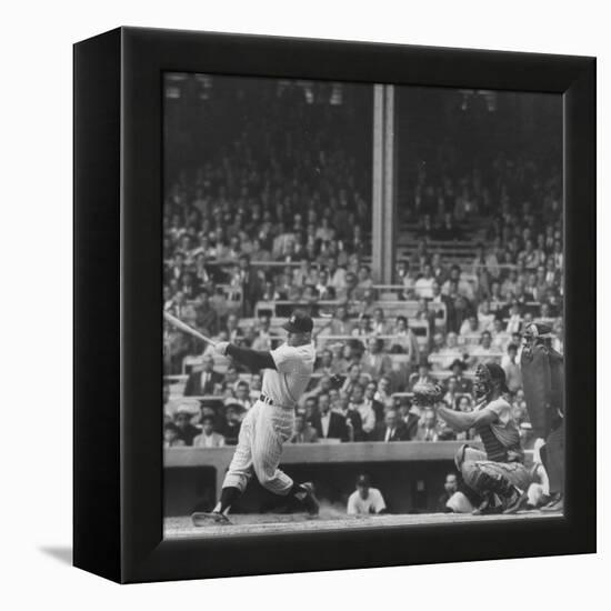 Yankee Mickey Mantle in Action, Swinging Bat with Catcher and Umpire Behind Him-Grey Villet-Framed Premier Image Canvas