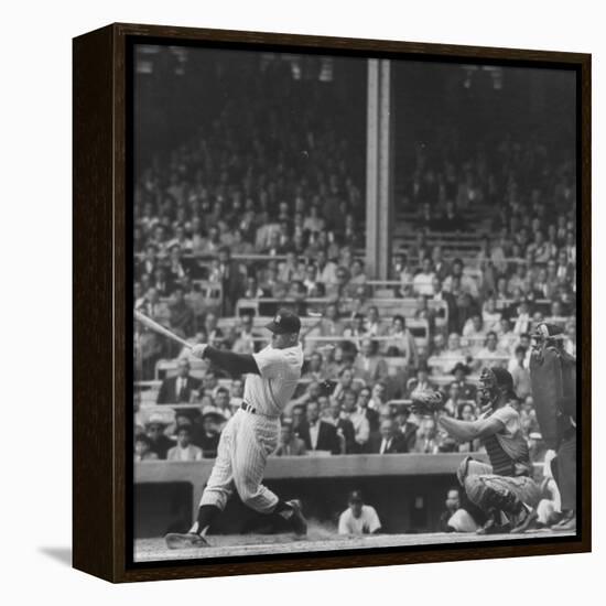 Yankee Mickey Mantle in Action, Swinging Bat with Catcher and Umpire Behind Him-Grey Villet-Framed Premier Image Canvas