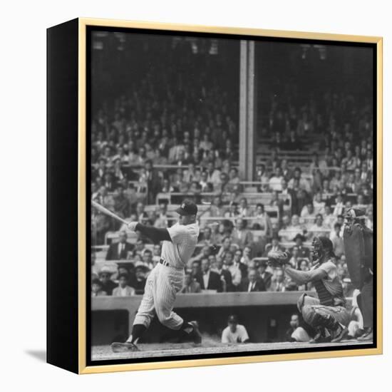 Yankee Mickey Mantle in Action, Swinging Bat with Catcher and Umpire Behind Him-Grey Villet-Framed Premier Image Canvas