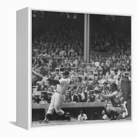 Yankee Mickey Mantle in Action, Swinging Bat with Catcher and Umpire Behind Him-Grey Villet-Framed Premier Image Canvas