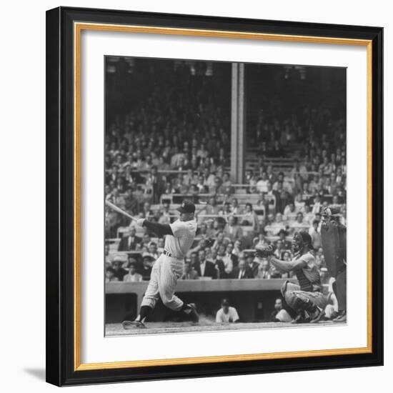 Yankee Mickey Mantle in Action, Swinging Bat with Catcher and Umpire Behind Him-Grey Villet-Framed Premium Photographic Print