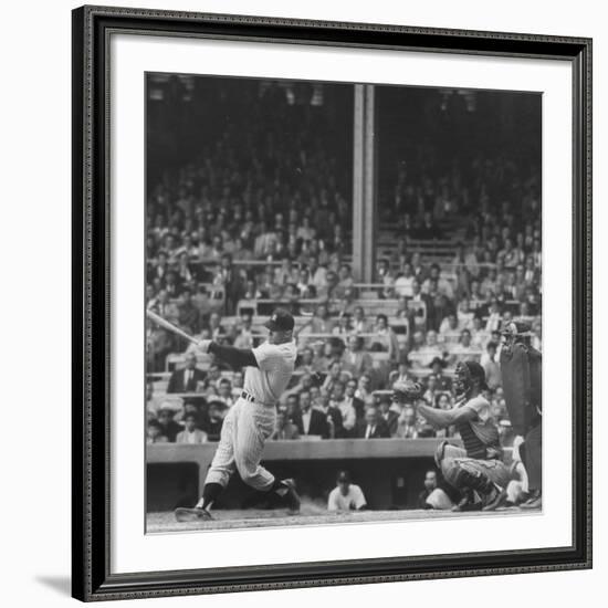 Yankee Mickey Mantle in Action, Swinging Bat with Catcher and Umpire Behind Him-Grey Villet-Framed Premium Photographic Print