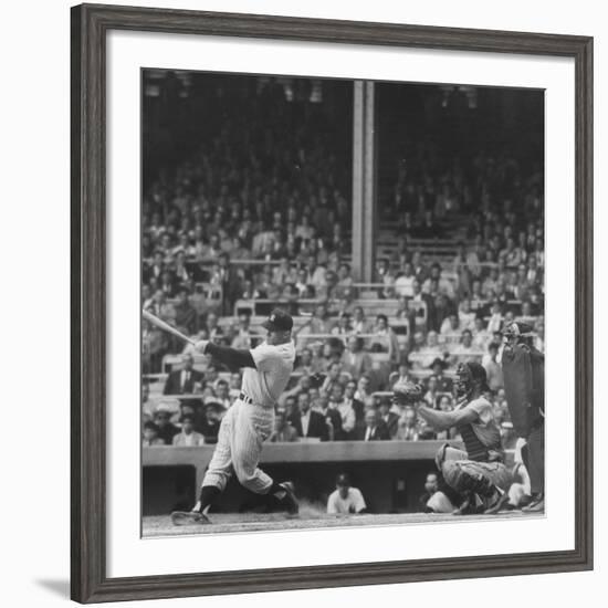 Yankee Mickey Mantle in Action, Swinging Bat with Catcher and Umpire Behind Him-Grey Villet-Framed Premium Photographic Print