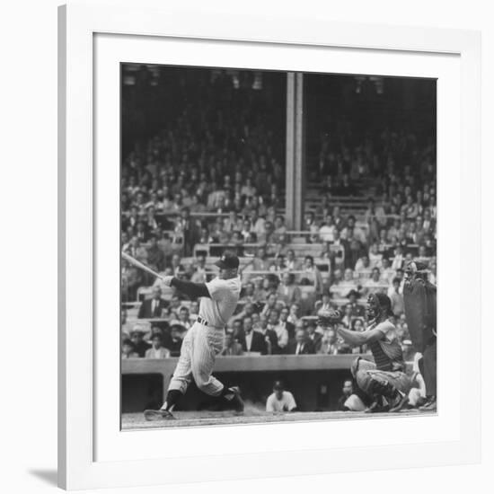 Yankee Mickey Mantle in Action, Swinging Bat with Catcher and Umpire Behind Him-Grey Villet-Framed Premium Photographic Print