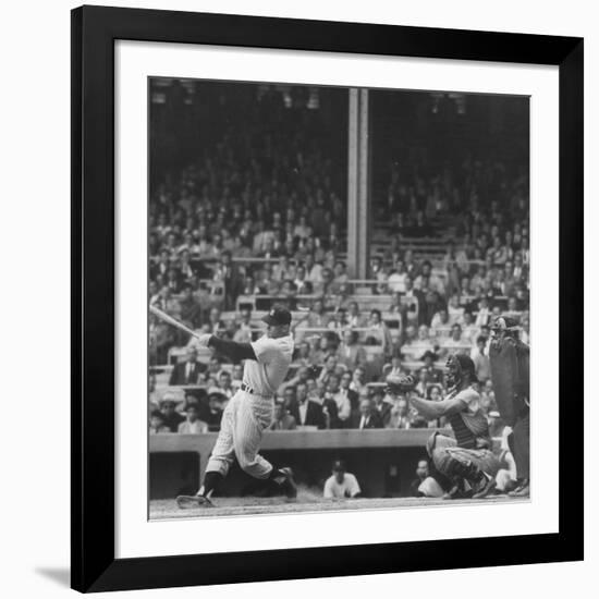 Yankee Mickey Mantle in Action, Swinging Bat with Catcher and Umpire Behind Him-Grey Villet-Framed Premium Photographic Print