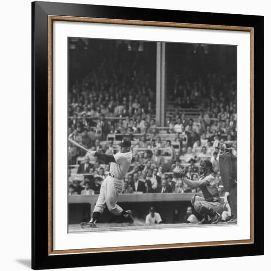 Yankee Mickey Mantle in Action, Swinging Bat with Catcher and Umpire Behind Him-Grey Villet-Framed Premium Photographic Print