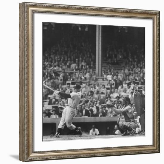 Yankee Mickey Mantle in Action, Swinging Bat with Catcher and Umpire Behind Him-Grey Villet-Framed Premium Photographic Print