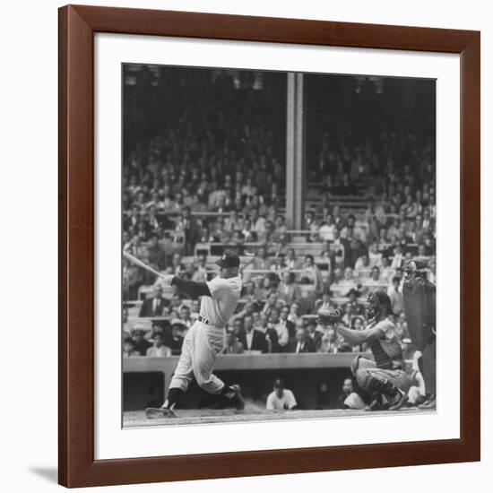 Yankee Mickey Mantle in Action, Swinging Bat with Catcher and Umpire Behind Him-Grey Villet-Framed Premium Photographic Print