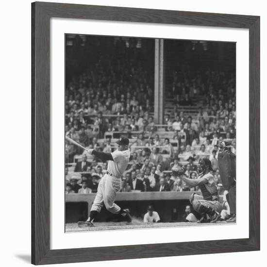 Yankee Mickey Mantle in Action, Swinging Bat with Catcher and Umpire Behind Him-Grey Villet-Framed Premium Photographic Print