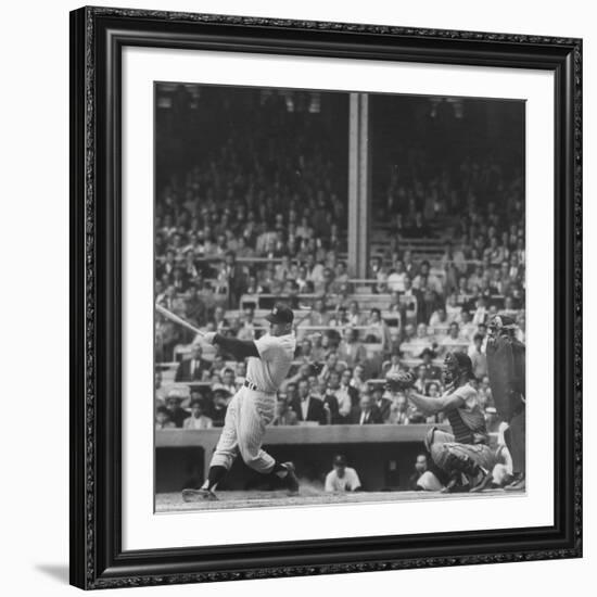 Yankee Mickey Mantle in Action, Swinging Bat with Catcher and Umpire Behind Him-Grey Villet-Framed Premium Photographic Print