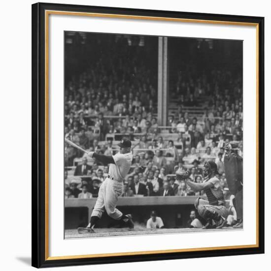 Yankee Mickey Mantle in Action, Swinging Bat with Catcher and Umpire Behind Him-Grey Villet-Framed Premium Photographic Print