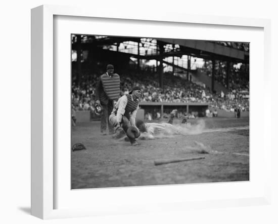 Yankees Lou Gehrig Scores as Joe Harris' Throw Gets Away from Catcher Hank Severeid of Senators-null-Framed Premium Photographic Print