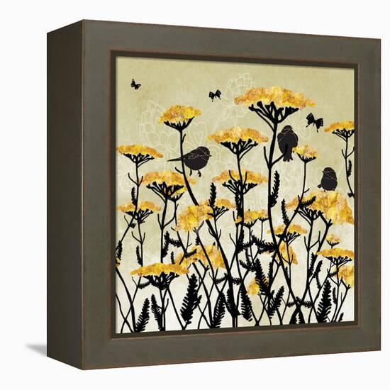 Yarrow Flowers with Silhouette Birds and Butterflies-Bee Sturgis-Framed Stretched Canvas