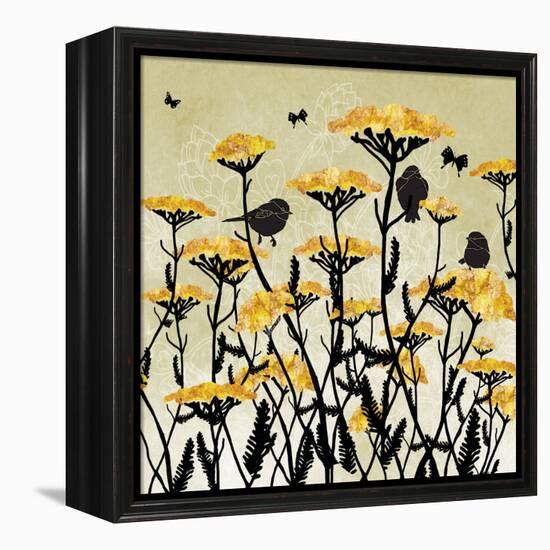 Yarrow Flowers with Silhouette Birds and Butterflies-Bee Sturgis-Framed Stretched Canvas