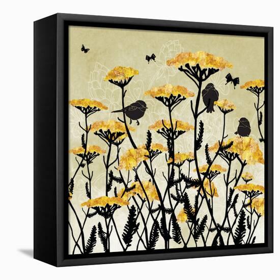 Yarrow Flowers with Silhouette Birds and Butterflies-Bee Sturgis-Framed Stretched Canvas